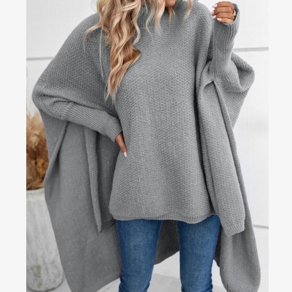 Cozy Mock Neck Dolman Sleeve High Low Hem Sweater Cape - Picture 4 of 6